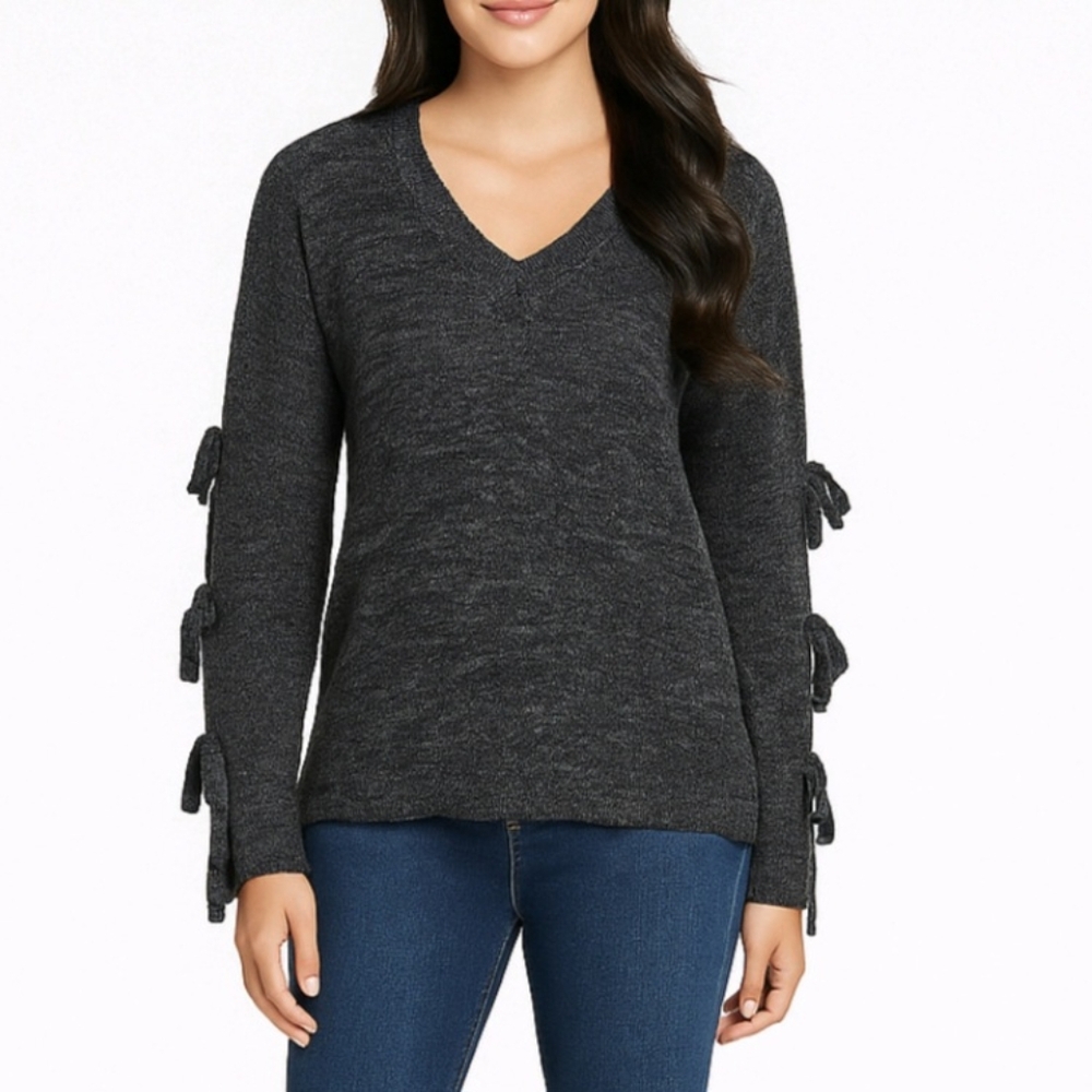 Minnie Rose Sweater Marled Gray Linen Blend Long Sleeves Bows V Neck Size S